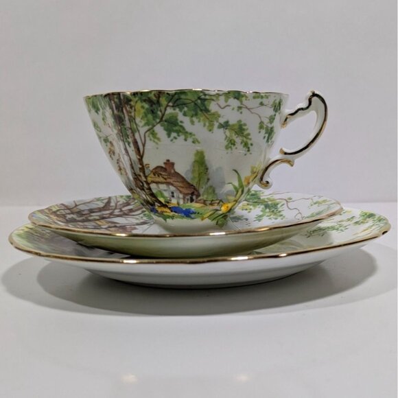 Hammersley Lorna Doone Cup Saucer Trio Set Floral Cottage Scene England Vintage - Picture 2 of 16